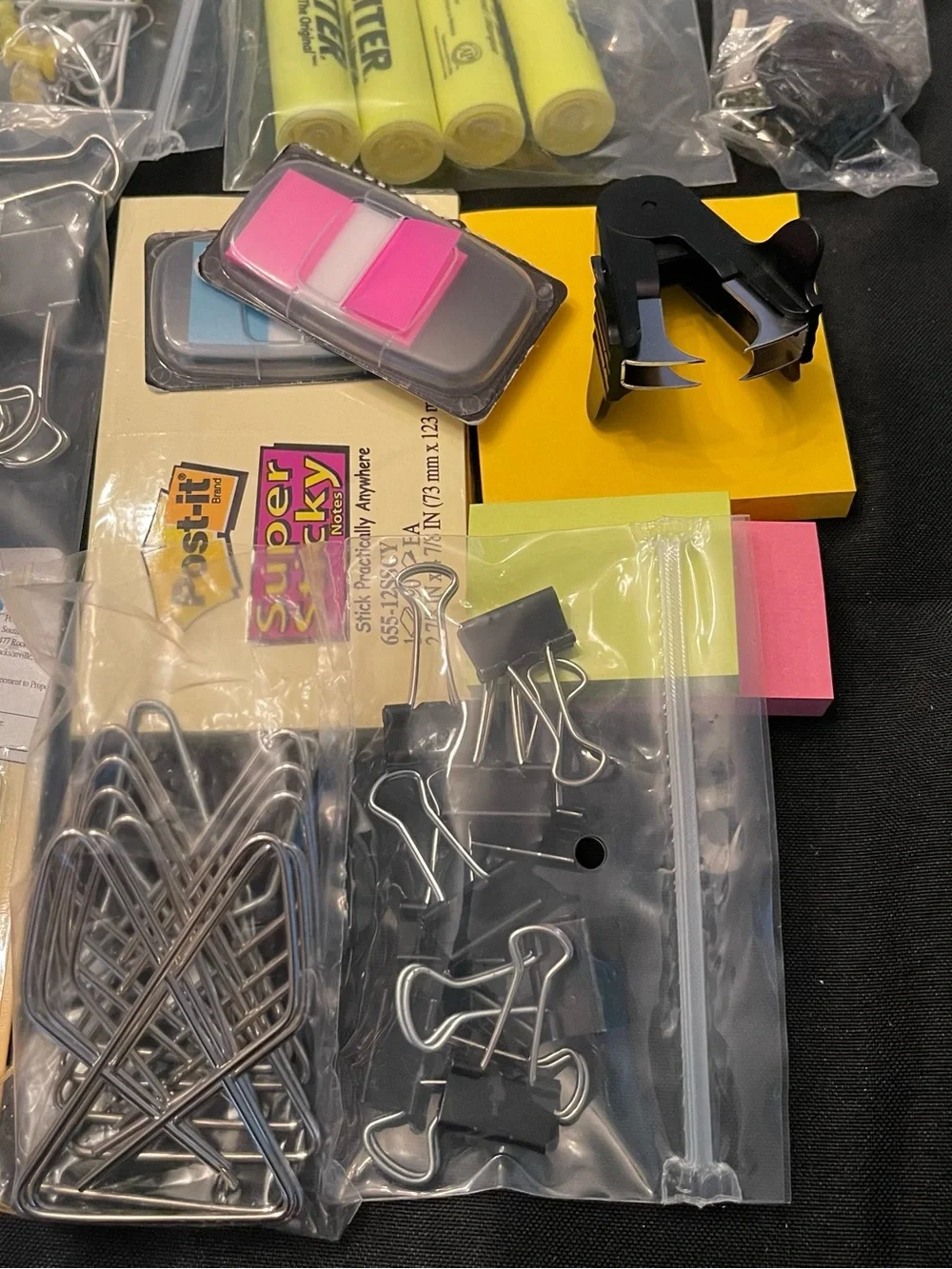 Office Supply Bundle Sticky Flags,Pens. Highlighters Stapler Clamps whiteout